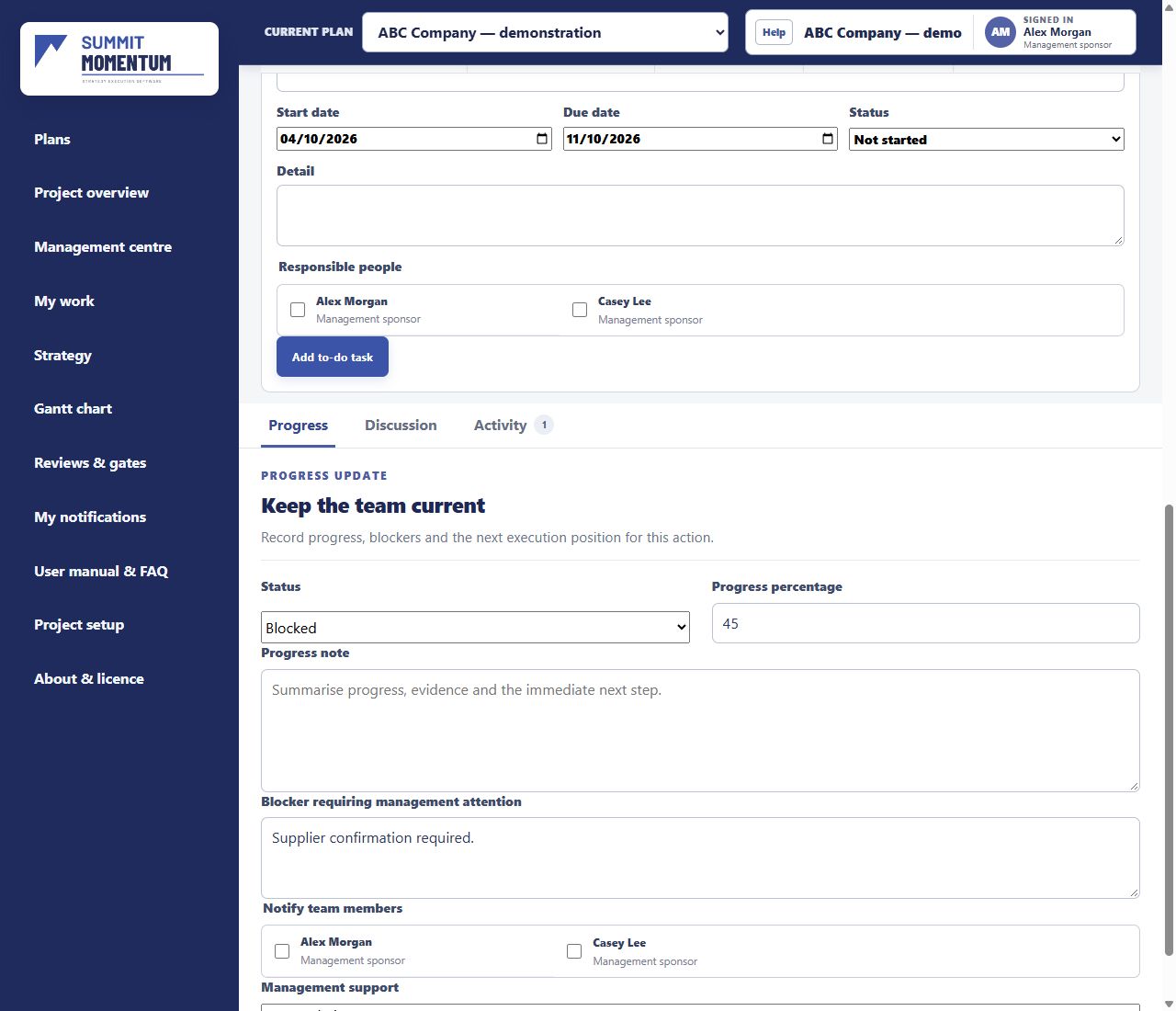 Momentum action workspace showing progress and collaboration controls