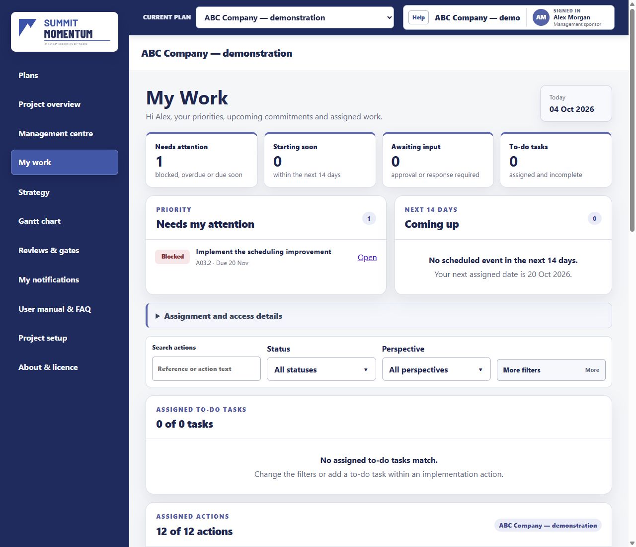 Momentum My Work screen showing assigned actions, timeframes and status