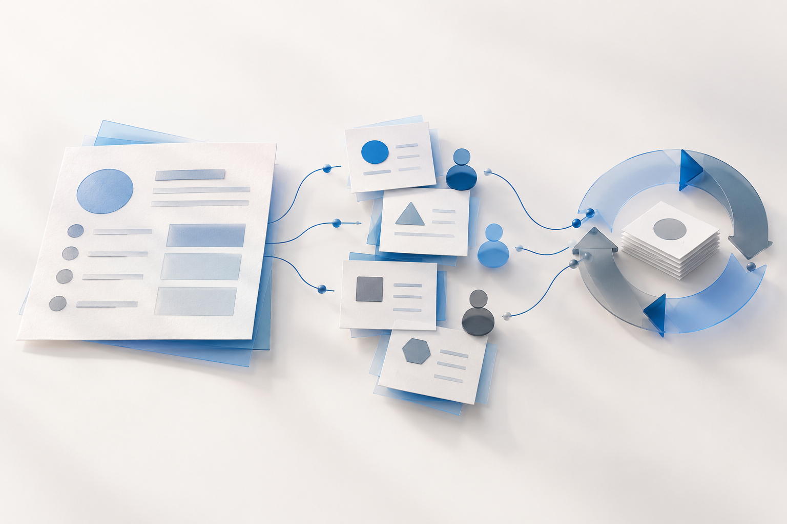 Concept illustration connecting a strategy plan with team actions and a review cycle
