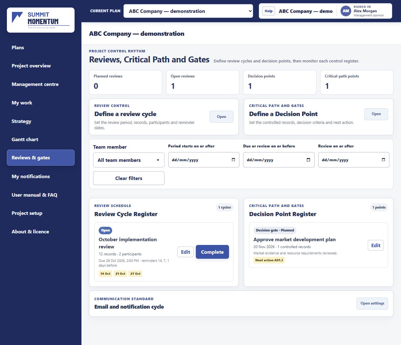 Momentum reviews screen showing review cycles and decision points